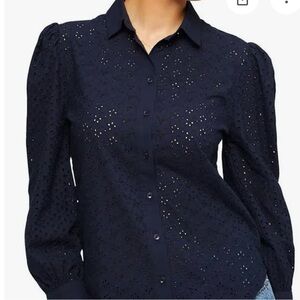 7 For All Mankind Women's Puff Sleeves Navy Eyelet Blouse